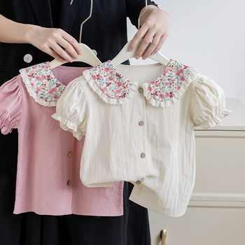 Tüdrukute suvine lilleline särk 2025 tüdrukute vabaaja nukukraega lühikeste varrukatega topp laste puhtast puuvillast Korea T-särk