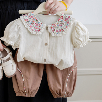 Tüdrukute suvine lilleline särk 2025 tüdrukute vabaaja nukukraega lühikeste varrukatega topp laste puhtast puuvillast Korea T-särk