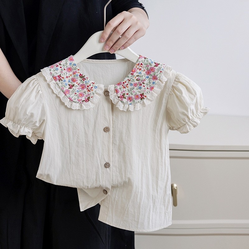 Tüdrukute suvine lilleline särk 2025 tüdrukute vabaaja nukukraega lühikeste varrukatega topp laste puhtast puuvillast Korea T-särk