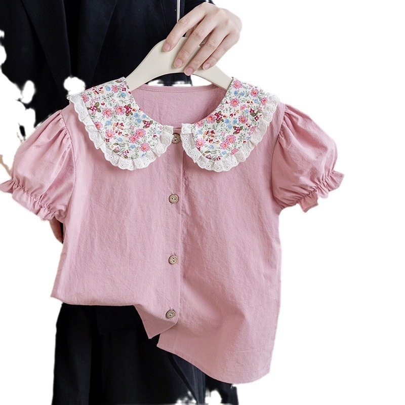 Tüdrukute suvine lilleline särk 2025 tüdrukute vabaaja nukukraega lühikeste varrukatega topp laste puhtast puuvillast Korea T-särk