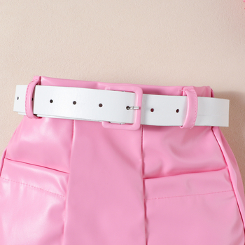 Ευρωπαϊκά και αμερικανικά παιδικά ρούχα για μικρά και μεσαία κορίτσια, φθινοπωρινό νέο κοστούμι με μανίκια με φυσαλίδες, φούστα από δέρμα pu, ζώνη, σετ τριών τεμαχίων