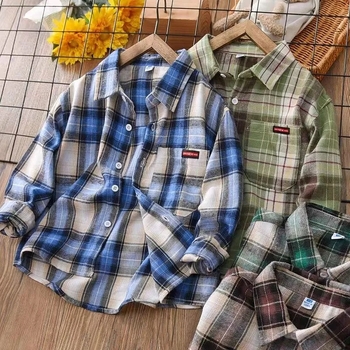 Jarné a jesenné chlapčenské nové košele, stredné a veľké detské kockované košeľové bundy, 2024, nová kórejská verzia, jasný farebný trend