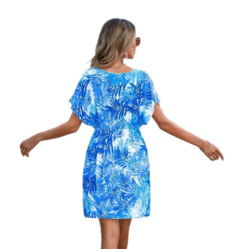 2025 m. nauja tarpvalstybinė šventinė paplūdimio suknelė V formos iškirpte, trumpomis rankovėmis, laiptuotas juosmuo, lapų raštas, bikini palaidinė nuo saulės