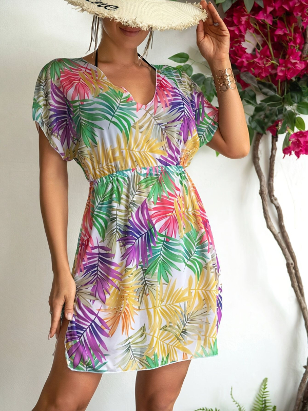 2025 m. nauja tarpvalstybinė šventinė paplūdimio suknelė V formos iškirpte, trumpomis rankovėmis, laiptuotas juosmuo, lapų raštas, bikini palaidinė nuo saulės