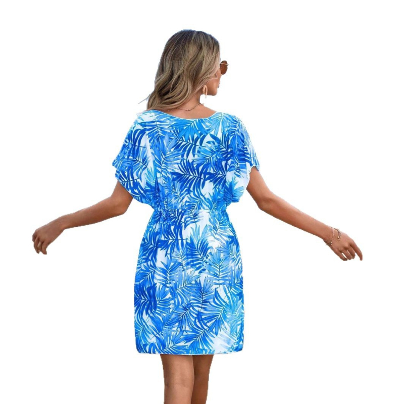 2025 m. nauja tarpvalstybinė šventinė paplūdimio suknelė V formos iškirpte, trumpomis rankovėmis, laiptuotas juosmuo, lapų raštas, bikini palaidinė nuo saulės