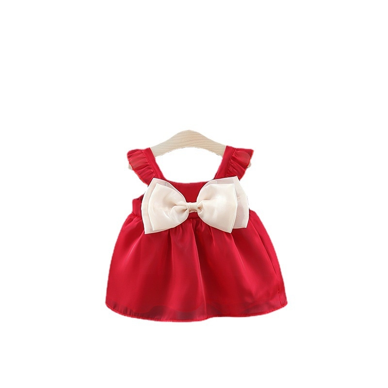 Dievčenské šaty, letné detské oblečenie 2022, nové čipkované ramienka, veľká mašľa, štýl, jednofarebná detská sukňa v áčkovom strihu