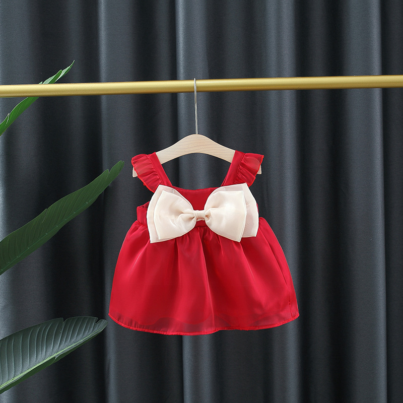 Dievčenské šaty, letné detské oblečenie 2022, nové čipkované ramienka, veľká mašľa, štýl, jednofarebná detská sukňa v áčkovom strihu