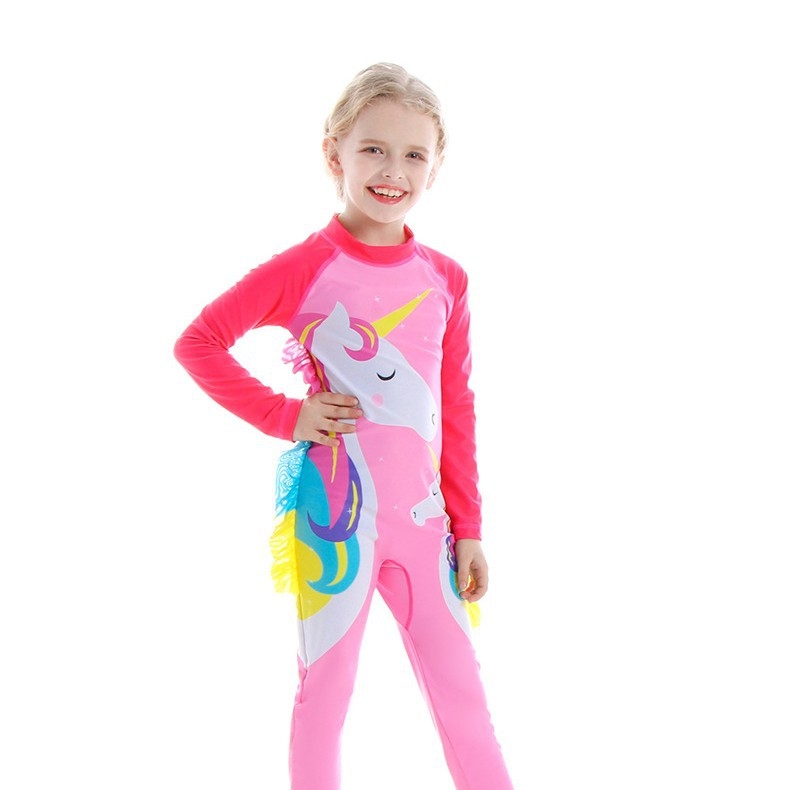 Dievčenské jednodielne plavky, detské plavky s ochranou pred slnkom, rýchloschnúce detské plavky, roztomilé ružové dievčenské plavky s dlhým rukávom