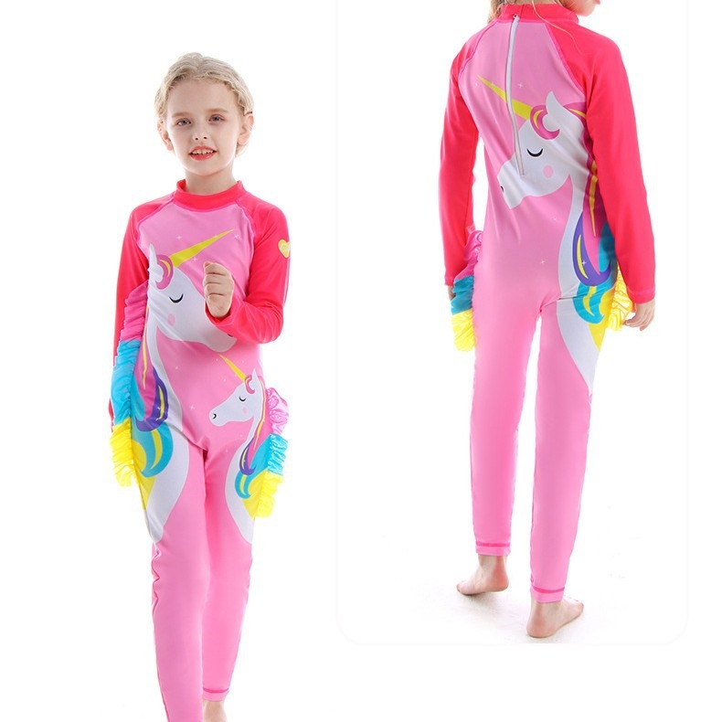 Dievčenské jednodielne plavky, detské plavky s ochranou pred slnkom, rýchloschnúce detské plavky, roztomilé ružové dievčenské plavky s dlhým rukávom