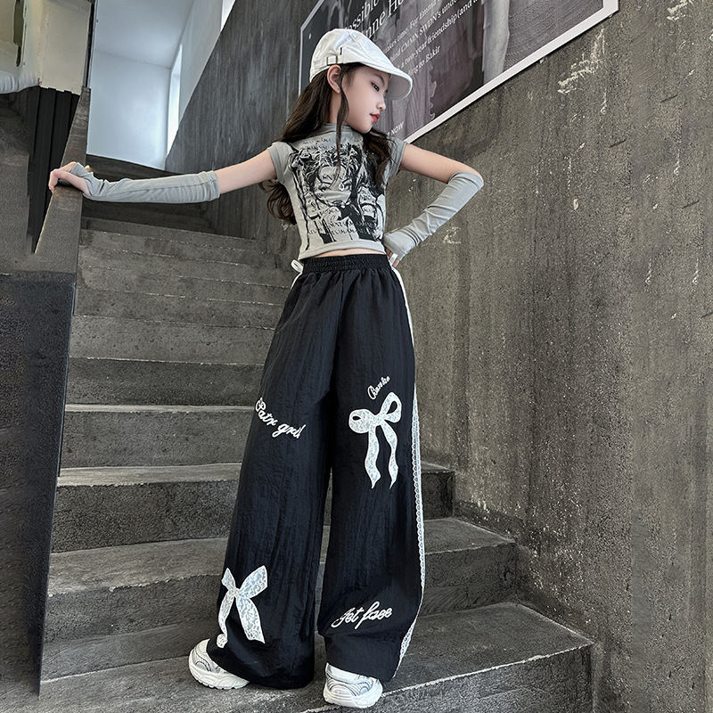 Tüdrukute kevad- ja sügislaiad püksid 2025. aasta uued moodsed Korea stiilis trendikad lahtised vabaaja tänavatantsupüksid vanematele lastele