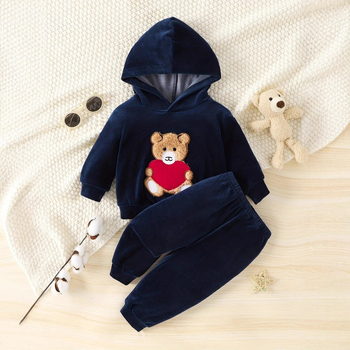 Cezhraničné INS chlapčenské jarné a jesenné tričko s kapucňou a dlhým rukávom s motívom medveďa, nohavice, kórejská móda, oblek