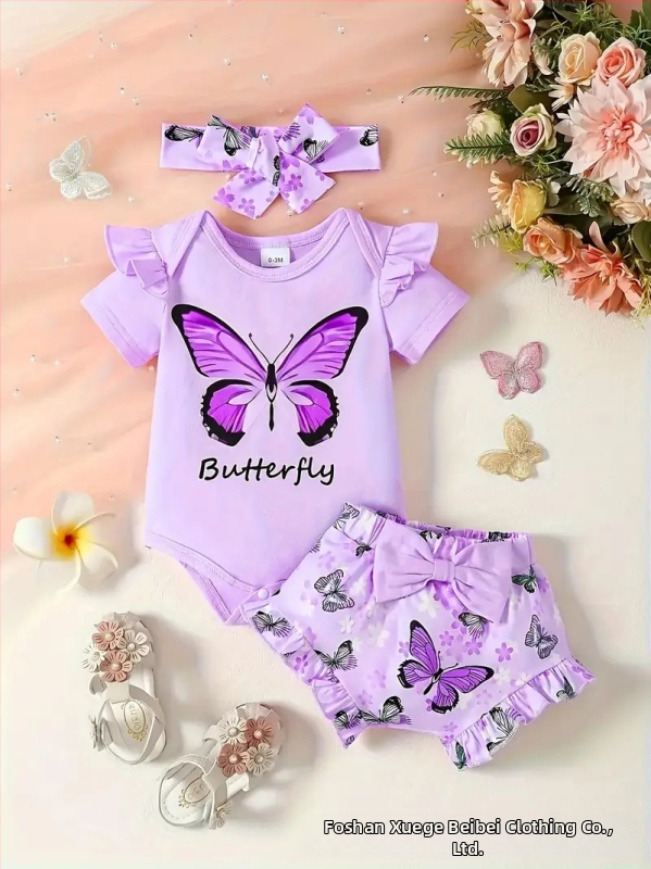 Jar a leto 2025 Pohodlné novorodenecké detské tričko s krátkym rukávom a motýľovou potlačou, rozšírené nohavice, čelenka, 3 kusy