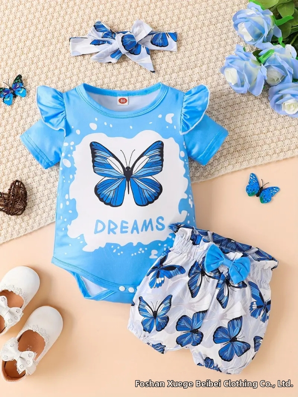 Jar a leto 2025 Pohodlné novorodenecké detské tričko s krátkym rukávom a motýľovou potlačou, rozšírené nohavice, čelenka, 3 kusy