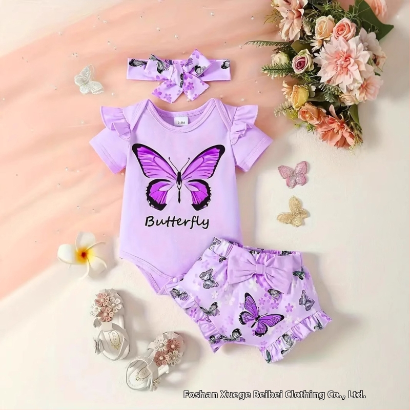 Jar a leto 2025 Pohodlné novorodenecké detské tričko s krátkym rukávom a motýľovou potlačou, rozšírené nohavice, čelenka, 3 kusy