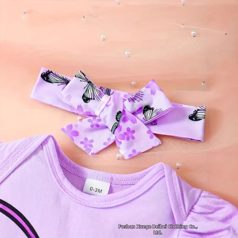 Jar a leto 2025 Pohodlné novorodenecké detské tričko s krátkym rukávom a motýľovou potlačou, rozšírené nohavice, čelenka, 3 kusy