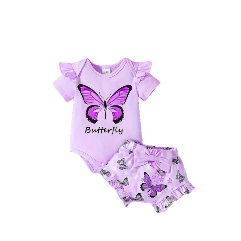 Jar a leto 2025 Pohodlné novorodenecké detské tričko s krátkym rukávom a motýľovou potlačou, rozšírené nohavice, čelenka, 3 kusy