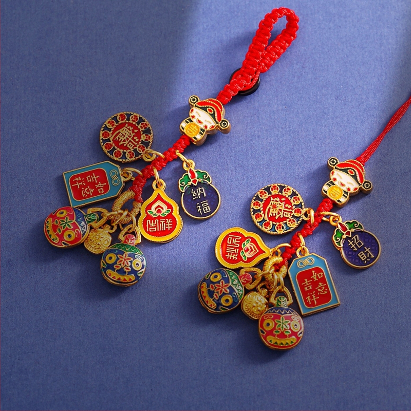 Национален прилив Винтидж пясъчно златен Бог на богатството Висулка за ключодържател от кола с плетено въже Дракон Висящ емайлиран златен ключодържател с поглъщащ звяр