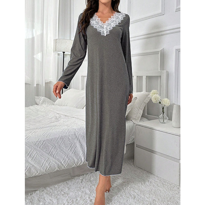 Csipke V-nyakú hálóing Kora őszi új divatos elegáns hosszú ujjú középhosszú térdig érő ruha európai és amerikai stílusú pizsama nőknek