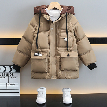 Παιδικά ρούχα 2023 Χειμερινό νέο ζεστό μπουφάν με επένδυση fleece για αγόρια σε κορεατικό στιλ, παιδικό ζεστό μπουφάν με κουκούλα σε δυτικό στιλ
