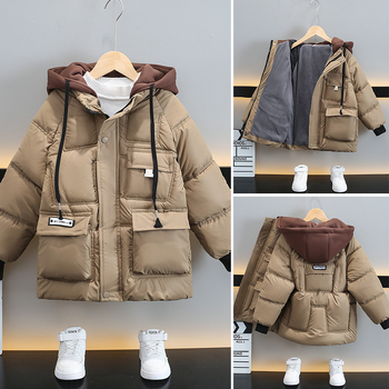 Παιδικά ρούχα 2023 Χειμερινό νέο ζεστό μπουφάν με επένδυση fleece για αγόρια σε κορεατικό στιλ, παιδικό ζεστό μπουφάν με κουκούλα σε δυτικό στιλ