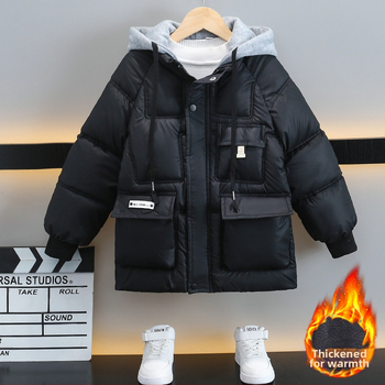 Παιδικά ρούχα 2023 Χειμερινό νέο ζεστό μπουφάν με επένδυση fleece για αγόρια σε κορεατικό στιλ, παιδικό ζεστό μπουφάν με κουκούλα σε δυτικό στιλ