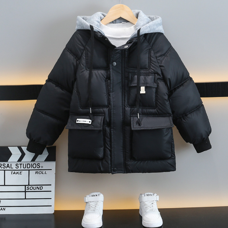 Detské oblečenie Zima 2023 Nová kórejska chlapčenská teplá bunda s flísovou podšívkou, detská teplá bunda s kapucňou v západnom štýle