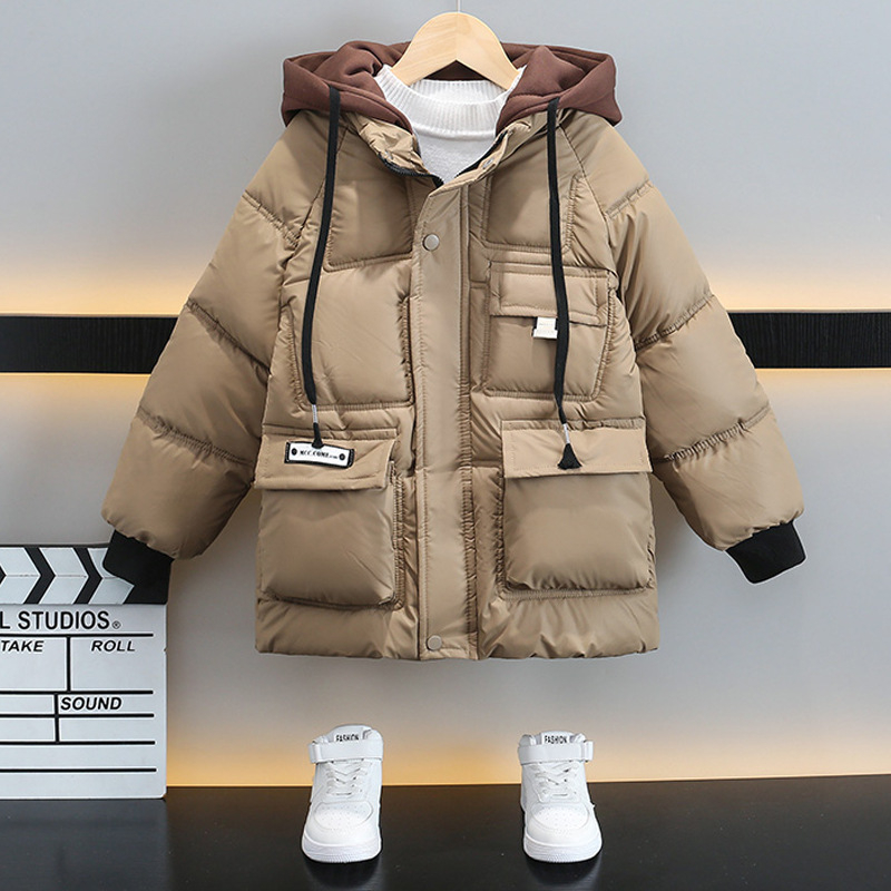 Detské oblečenie Zima 2023 Nová kórejska chlapčenská teplá bunda s flísovou podšívkou, detská teplá bunda s kapucňou v západnom štýle