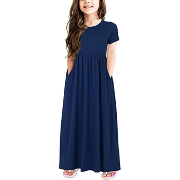 Ευρωπαϊκό και αμερικανικό παιδικό μακρύ φόρεμα με κοντομάνικο τελείωμα και τσέπες, πλεκτό φόρεμα με στρογγυλή λαιμόκοψη, κοντομάνικο φόρεμα TZ009, απευθείας πωλήσεις από το εργοστάσιο