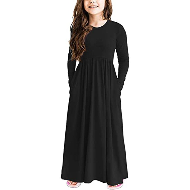 Európske a americké detské dlhé šaty s krátkym rukávom a vreckami, pletené šaty s okrúhlym výstrihom a krátkym rukávom TZ009, priamy predaj z továrne