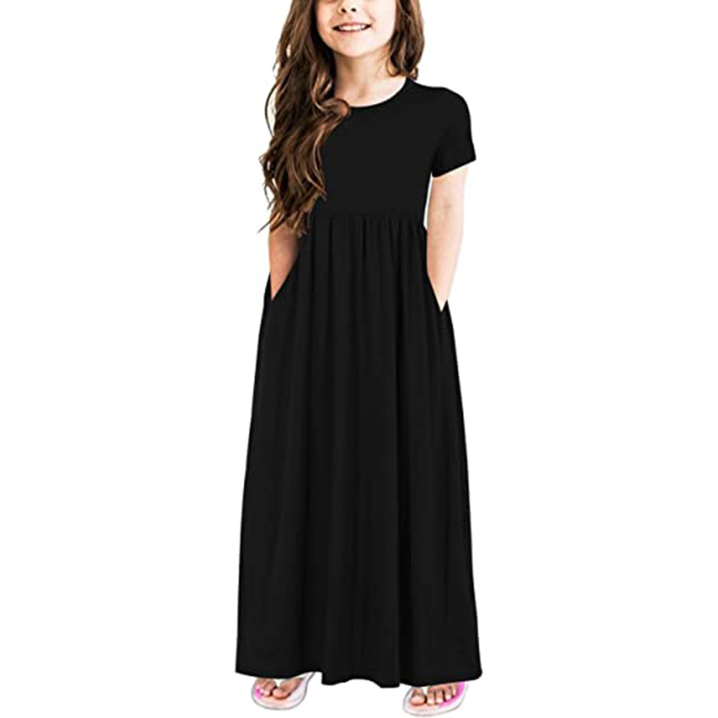 Európske a americké detské dlhé šaty s krátkym rukávom a vreckami, pletené šaty s okrúhlym výstrihom a krátkym rukávom TZ009, priamy predaj z továrne