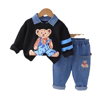 Όμορφα φθινοπωρινά ρούχα για αγόρια 2023 Νέα ρούχα κορεάτικου στιλ για παιδιά σε δυτικό στιλ, σετ δύο τεμαχίων για casual τζιν για παιδιά, άνοιξη και φθινόπωρο