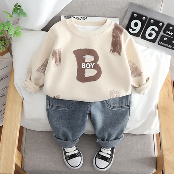 Νέο ανοιξιάτικο 2024, αγορίστικο πουλόβερ με στρογγυλή λαιμόκοψη και μακριά μανίκια, σετ δύο τεμαχίων τζιν παντελόνι για αγόρια, casual