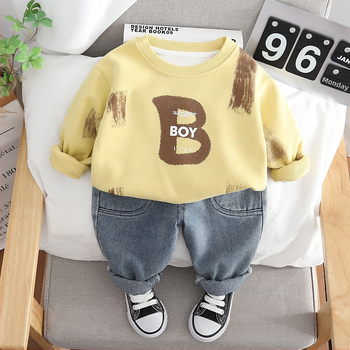 Νέο ανοιξιάτικο 2024, αγορίστικο πουλόβερ με στρογγυλή λαιμόκοψη και μακριά μανίκια, σετ δύο τεμαχίων τζιν παντελόνι για αγόρια, casual