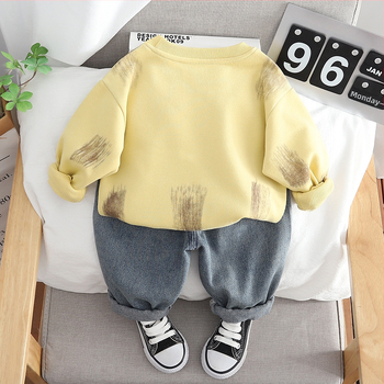 Νέο ανοιξιάτικο 2024, αγορίστικο πουλόβερ με στρογγυλή λαιμόκοψη και μακριά μανίκια, σετ δύο τεμαχίων τζιν παντελόνι για αγόρια, casual