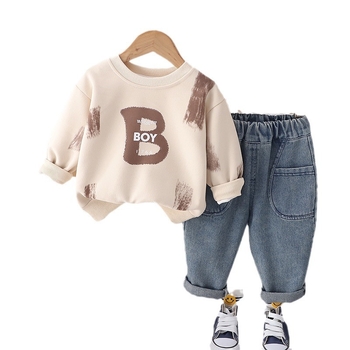 Νέο ανοιξιάτικο 2024, αγορίστικο πουλόβερ με στρογγυλή λαιμόκοψη και μακριά μανίκια, σετ δύο τεμαχίων τζιν παντελόνι για αγόρια, casual