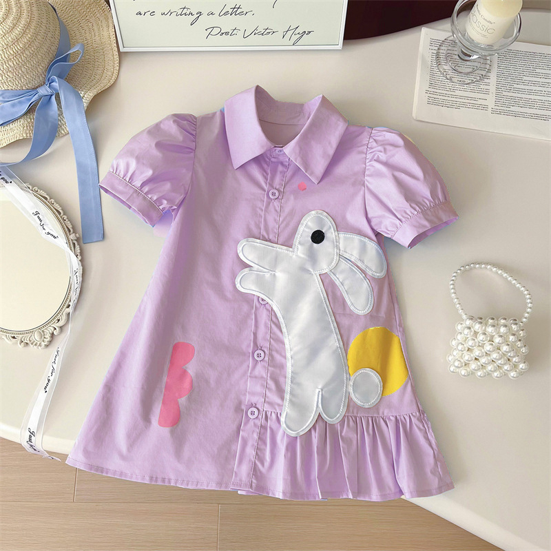 Nové detské oblečenie pre dievčatá 2024 Letné dámske detské roztomilé kreslené šaty s krátkym rukávom a zajačikom na doručenie