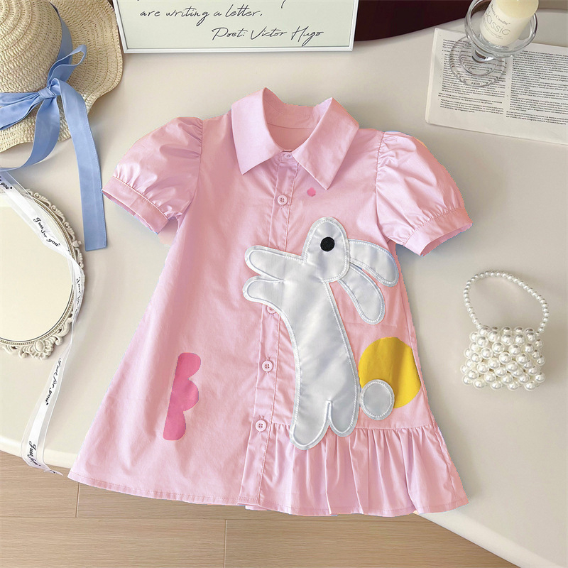 Nové detské oblečenie pre dievčatá 2024 Letné dámske detské roztomilé kreslené šaty s krátkym rukávom a zajačikom na doručenie