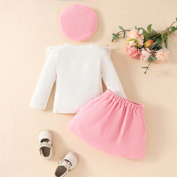 Ευρωπαϊκή και Αμερικανική Μόδα Κορίτσι με Φούστα, Μακρυμάνικο Μπλούζα με Φιόγκο και Φόδρα από Φλις, Μπερέ, Κοστούμι 3 Τεμαχίων