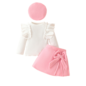 Ευρωπαϊκή και Αμερικανική Μόδα Κορίτσι με Φούστα, Μακρυμάνικο Μπλούζα με Φιόγκο και Φόδρα από Φλις, Μπερέ, Κοστούμι 3 Τεμαχίων