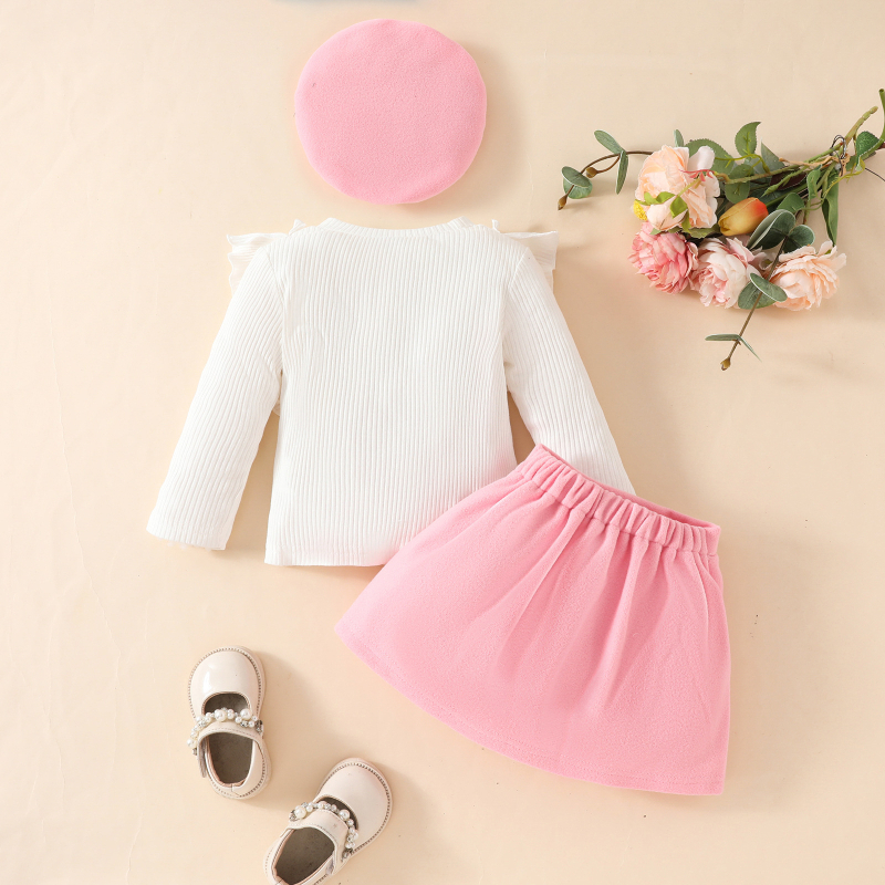Európska a americká módna dievčenská pieseň s dlhým rukávom, topom s mašľou a flísovou podšívkou, baretka, 3 kusy obleku