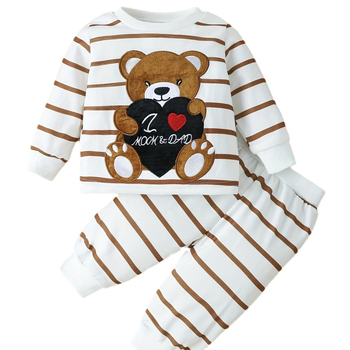 Διασυνοριακό INS για μωρά αγόρια με κεντημένο μοτίβο αρκουδάκι, παντελόνι με μακριά μανίκια και ριγέ κοστούμι, άνοιξη και φθινόπωρο