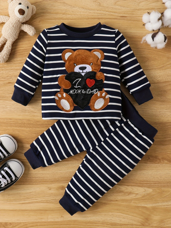 Chlapčenský jarný a jesenný sveter s vyšívaným medvedíkom, dlhý rukáv, nohavice, pruhovaný oblek cez hranice INS