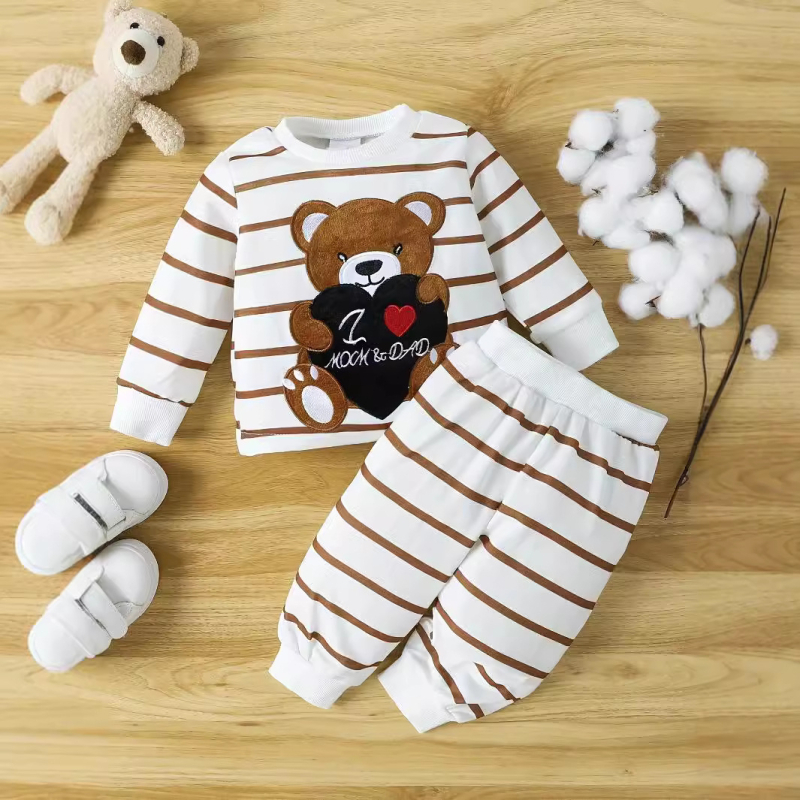 Chlapčenský jarný a jesenný sveter s vyšívaným medvedíkom, dlhý rukáv, nohavice, pruhovaný oblek cez hranice INS