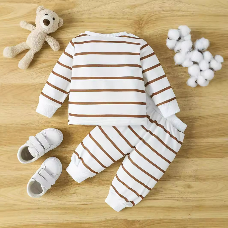 Chlapčenský jarný a jesenný sveter s vyšívaným medvedíkom, dlhý rukáv, nohavice, pruhovaný oblek cez hranice INS