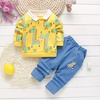 Παιδικό σετ δύο τεμαχίων για αγόρια, άνοιξη και φθινόπωρο, νέο, casual, χαριτωμένο, τυπωμένο με καμηλοπάρδαλη, πέτο, με μακριά μανίκια