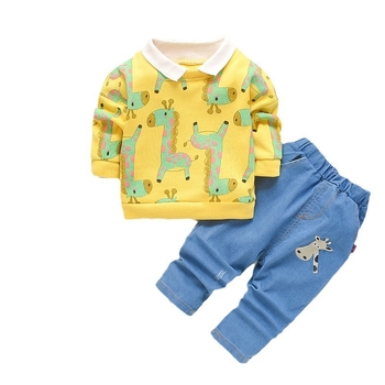 Παιδικό σετ δύο τεμαχίων για αγόρια, άνοιξη και φθινόπωρο, νέο, casual, χαριτωμένο, τυπωμένο με καμηλοπάρδαλη, πέτο, με μακριά μανίκια