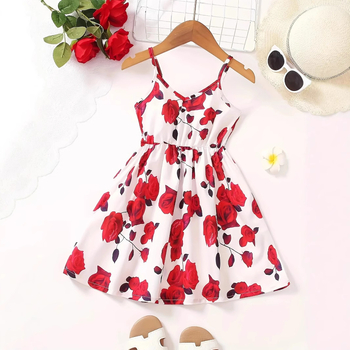 Letné dievčenské šaty Cross-border INS s potlačou ružového kvetu a V-v tvare pása, trendy