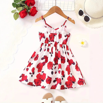 Φόρεμα σε σχήμα V με στάμπα Rose Flower και στάμπα στη μέση, για κορίτσια, σε διασυνοριακό στυλ.