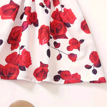 Φόρεμα σε σχήμα V με στάμπα Rose Flower και στάμπα στη μέση, για κορίτσια, σε διασυνοριακό στυλ.