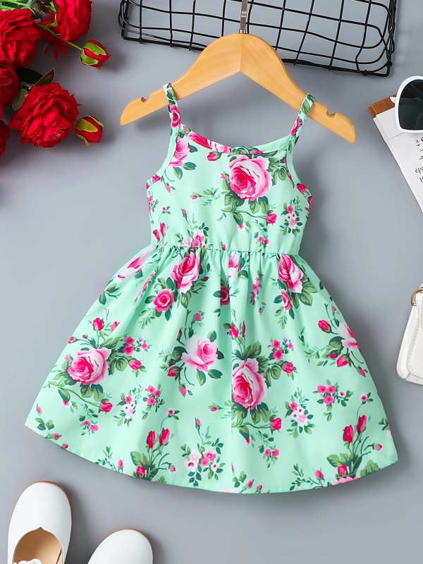 Letné dievčenské šaty Cross-border INS s potlačou ružového kvetu a V-v tvare pása, trendy
